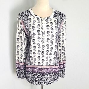 LOFT Black & White Floral Print Top with Pink & Purple Accents, Size Medium